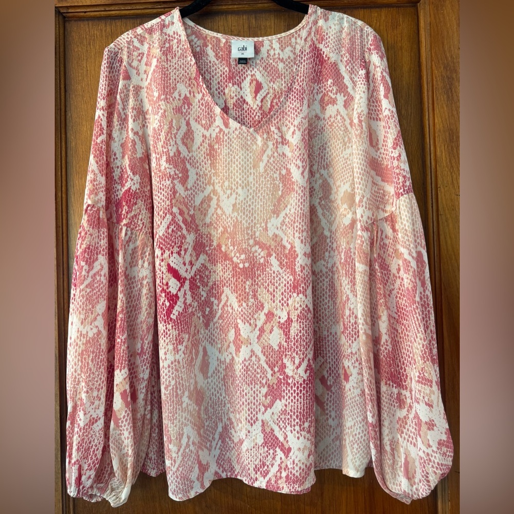 Cabi- The Bethany Blouse in Pink/White Snake Print- Medium